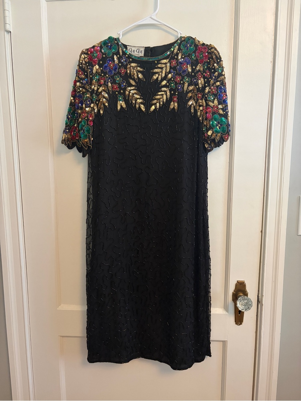 Vintage 80s/90s Heavily Beaded Silk Cocktail Dress Gold Floral Sequins, size M